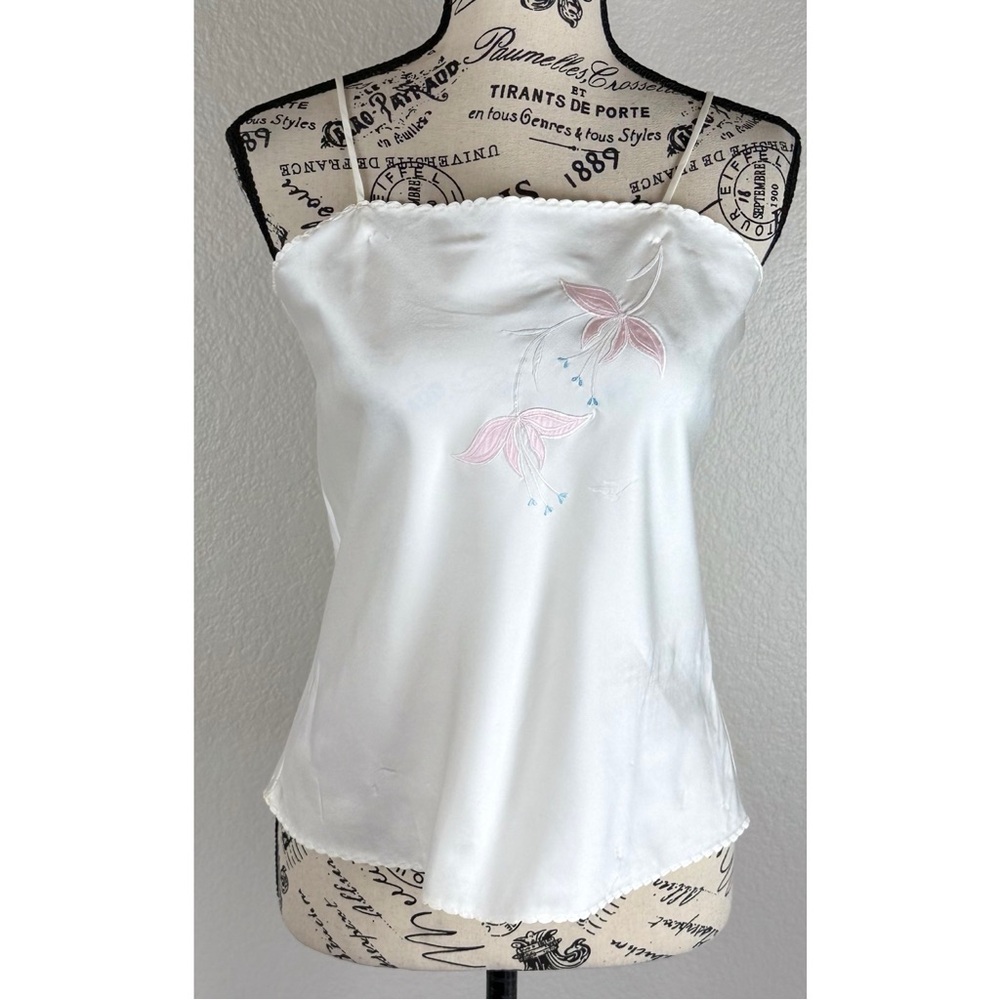 Natori Vintage White Silk Camisole with Pink Embroidery, size Medium